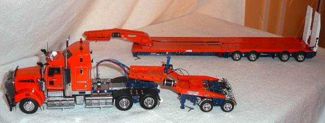T908 3achs Zugmschine mit 2achs Dolly und 5achs verbreiterbarem -Drake- in orange-blau T09002B